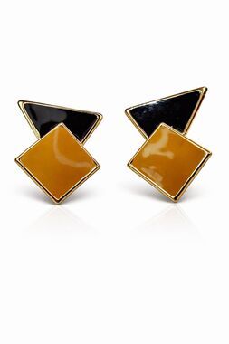 Vintage Geometric Enamel Earrings Gold Tone Black Tan Abstract 80s Statement